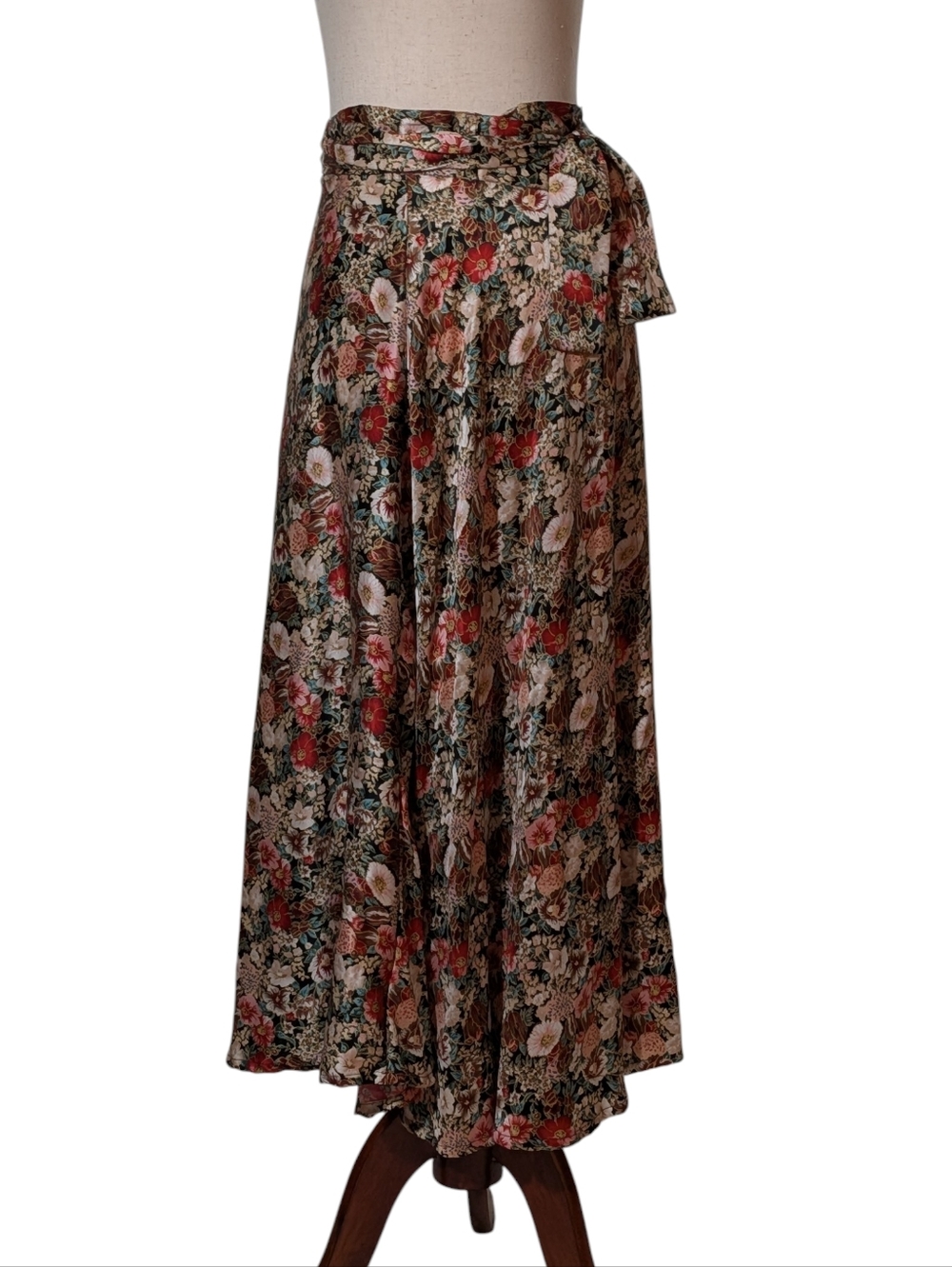 Vintage Silk Floral Tie-Waist Maxi Skirt